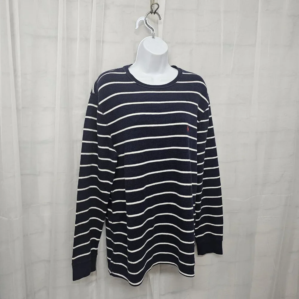 Polo Navy Blue White Striped Long Sleeve Thermal Tee Nautical Preppy Unisex L